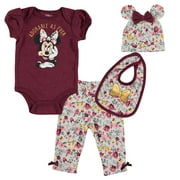 Disney Minnie Mouse Newborn Baby Girls Bodysuit Pants Bib and Hat 4 Piece Outfit Set Newborn to Infant