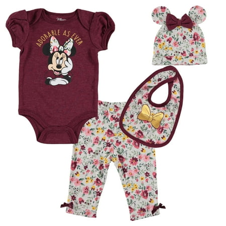 Disney Minnie Mouse Newborn Baby Girls Bodysuit Pants Bib and Hat 4 Piece Outfit Set Newborn to Infant