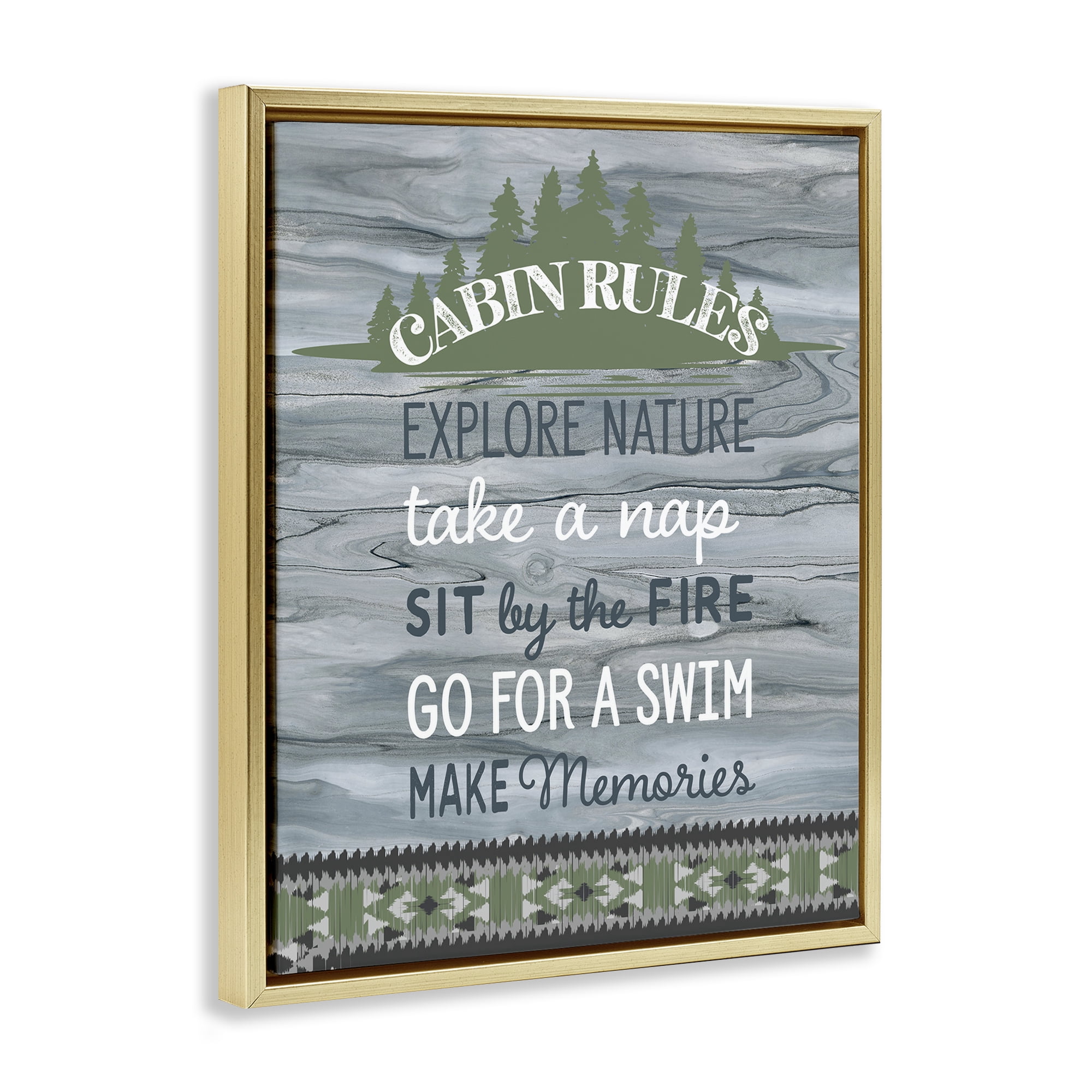 Stupell Industries Cabin Rules with Rustic Pattern Text & Numbers Painting Gold Floater Framed Canvas Art Print Wall Art, 25 x 31