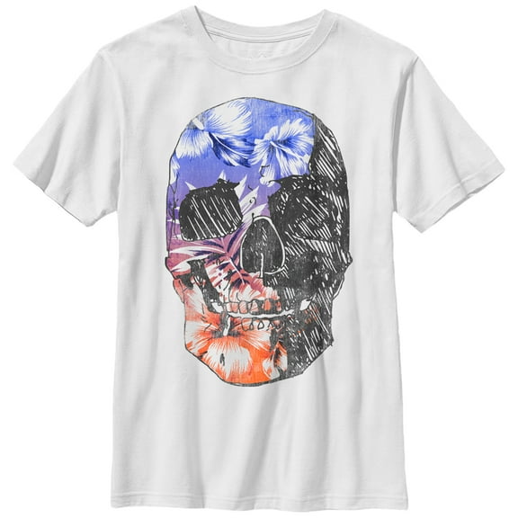Boy's Lost Gods Hawaiian Print Skull  Graphic Tee White Large