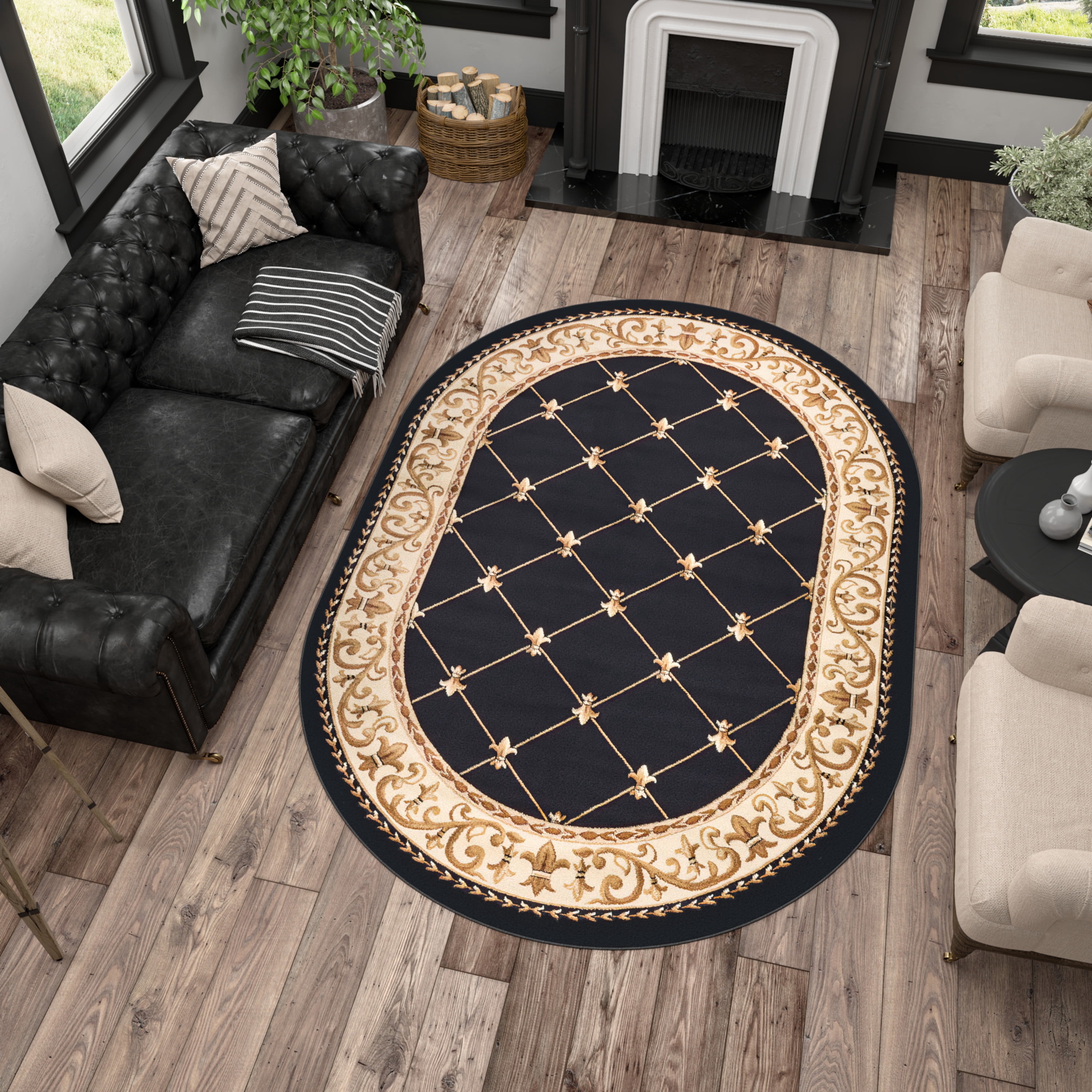 Sensation Traditional 5' x 7' Oval Black and Beige Polypropylene Indoor Area Rug