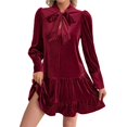 thumbnail image 1 of Robe Babydoll Mini en Velours à Manches Longues pour Femme, Coupe Ample, Col à Nœud, Robe Droite, Rouge Vin, G, 1 of 10