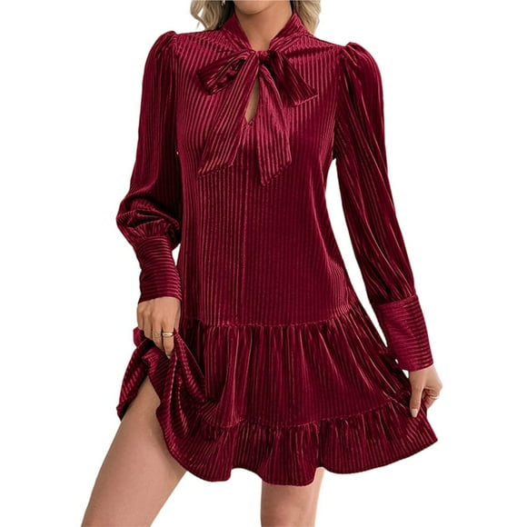 Female Loose Fit Bow-Tie Neck Long Sleeve Velvet Mini Babydoll Dresses Shift Dress Wine Red XL