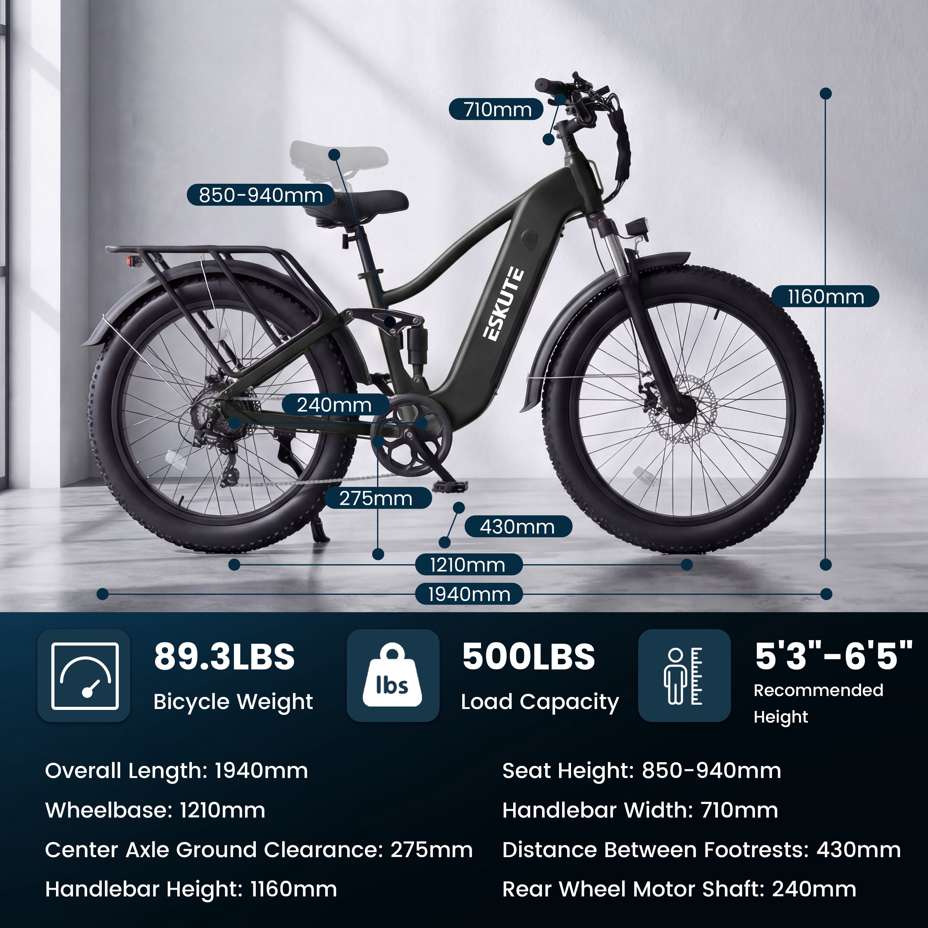 ESKUTE C300 Electric Bike for Adults, 1500W Peak Motor, 32MPH Fast Ebike, 48V 20.8Ah Battery Up to 80 Miles, 26"x4.0" Fat Tire, Full Suspension, 8-Speed Black, UL2849