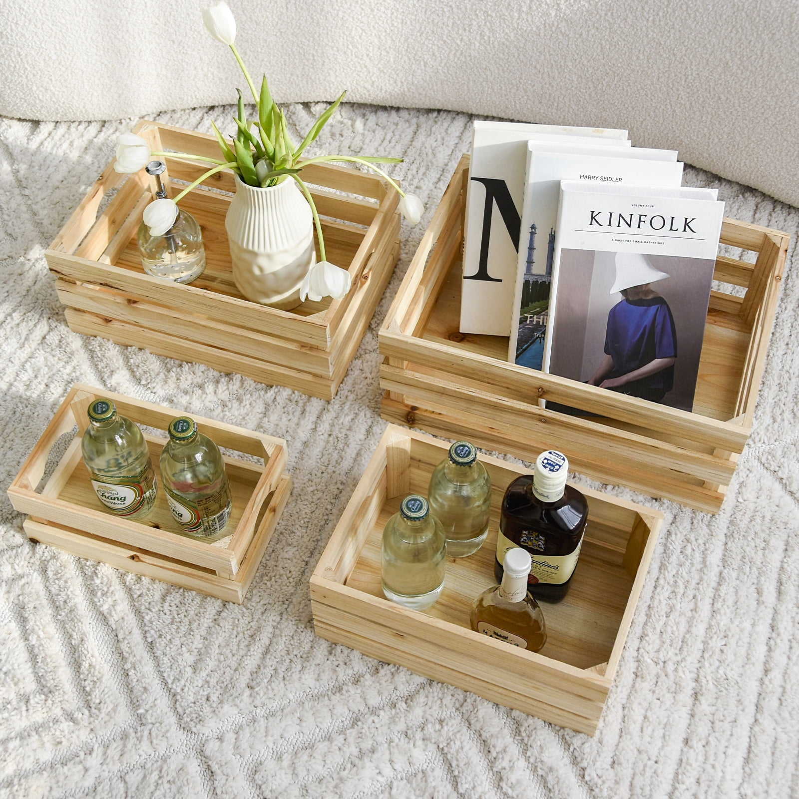 MODE HOME Set of 4 Large Wooden Crates Unfinished Office Storage Crates, Decorative Wood Storage Crates for Display, Rustic Pine Wood Organizer Bin Basket for Kitchen Pantry Bathroom