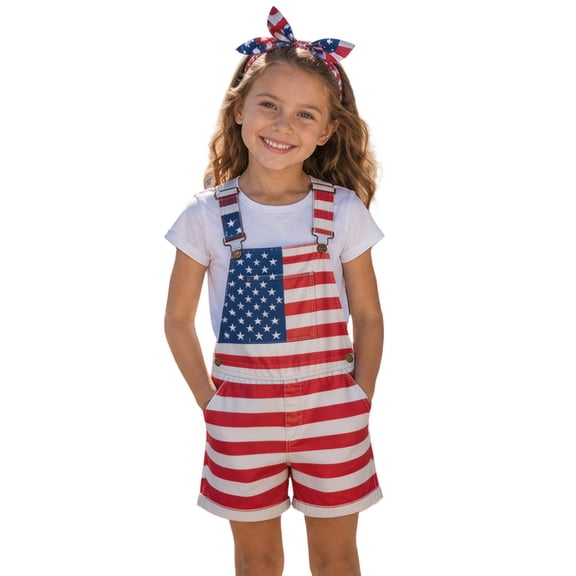 CAIVO Kids Independence Day Print Denim Overalls Adjustable Strap Shorts Patriotic Star Striped Casual Pants Overalls Shorts Pocket Adjustable Strap Romper Clothes 1776-2026
