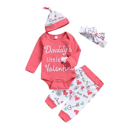 

Nokpsedcb Newborn Girls Romper Set Infant 4PCS Valentine s Day Clothes Outfit Long Sleeve Romper Long Pants Hat Headband Red 6-12 Months