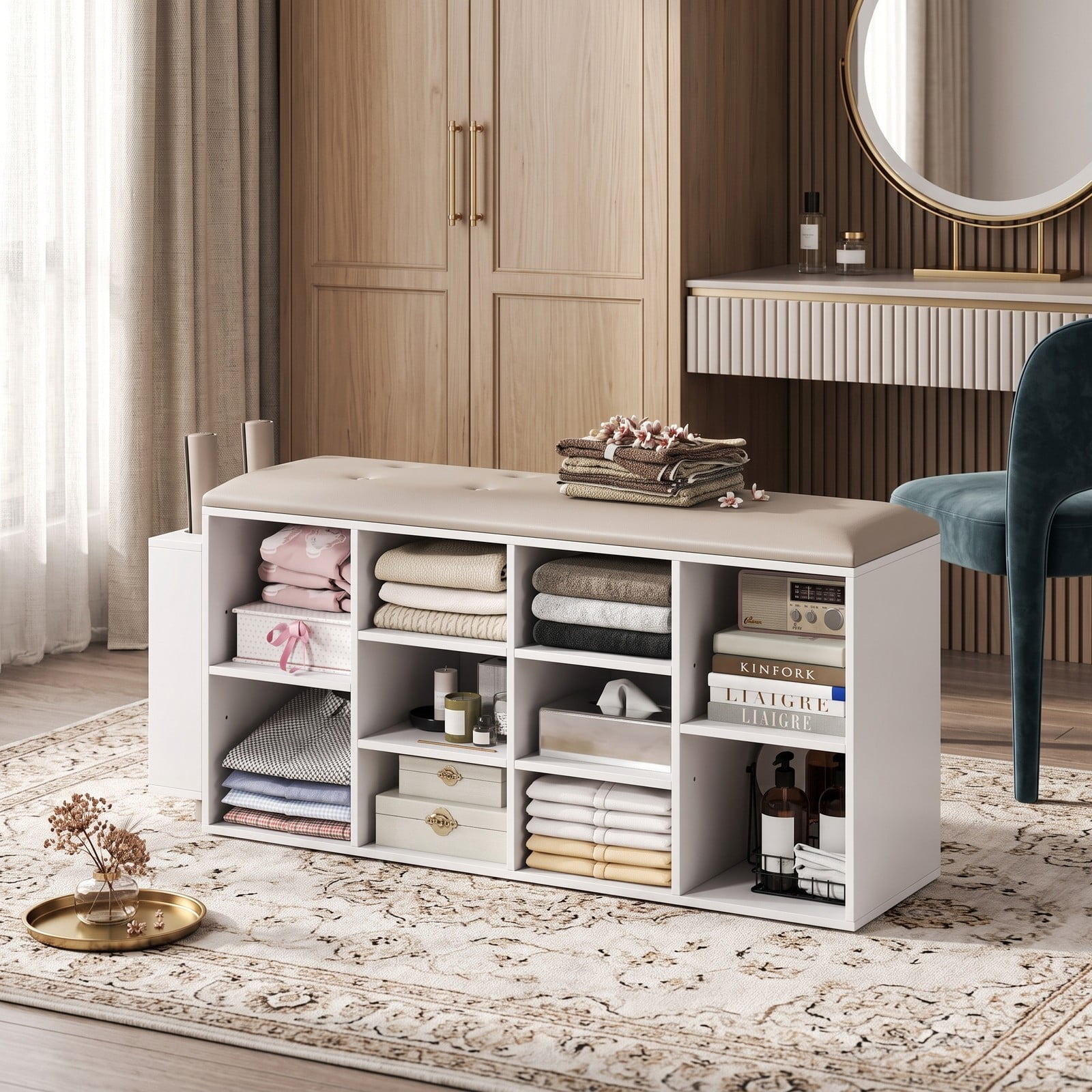 Furnibear Shoe Storage Bench with Umbrella Stand and 10 Adjustable Cube Shelves and Tufted Padded Seat for Entryway and Hallway, White