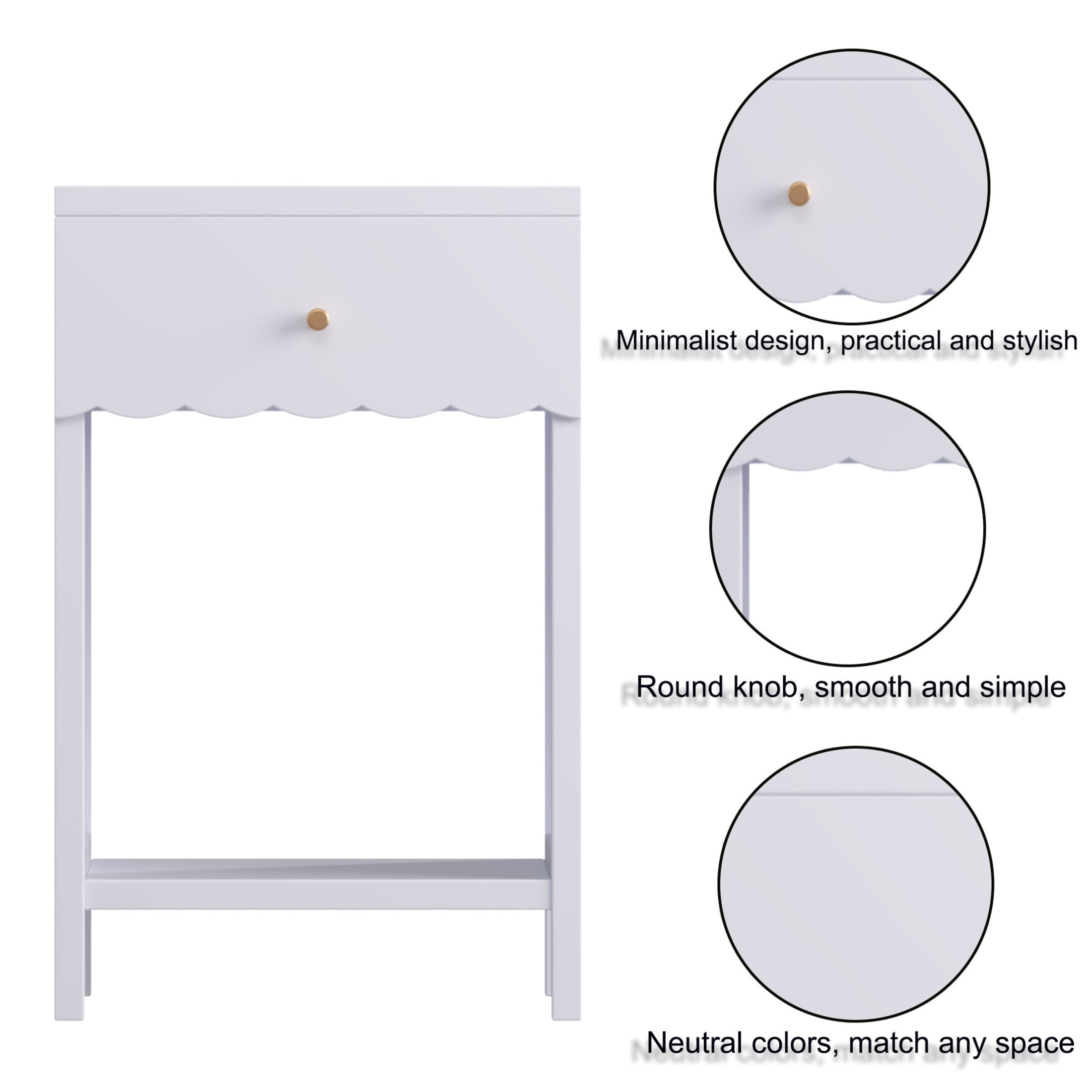 Noble House Modern Scalloped Nightstand with Drawer and Shelf, Cute Bedside Table for Kids Room or Bedroom, Purple