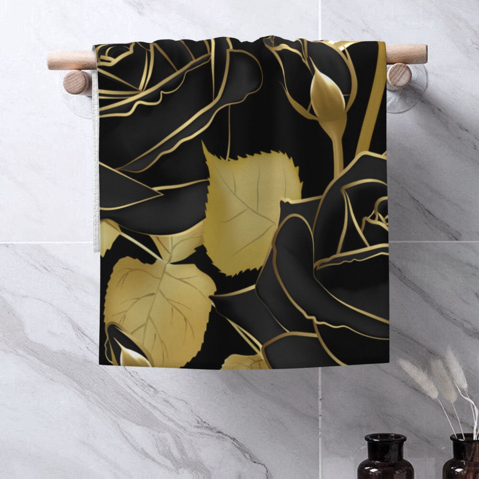 Roses Black And Golden Leaf Glitter 27.5" x 16" Ultra Soft Hand Towel, Face Wash Cloth for Bathroom, Gym, Travel, Pool
