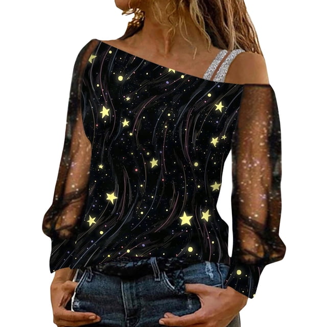 Top de manga larga con hombros descubiertos y malla para mujer - Blusa con estampado de lentejuelas - Moda informal para fiestas y salidas