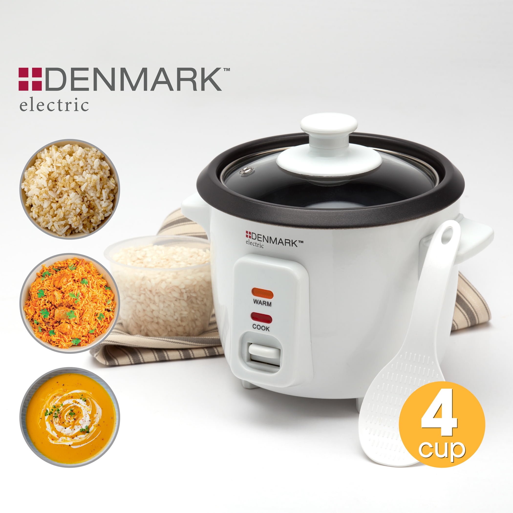 Denmark Electric 4 Cup Rice Cooker with Glass Lid, Rice Paddle, Measuring Cup, and Nonstick Removable Inner Pot, White