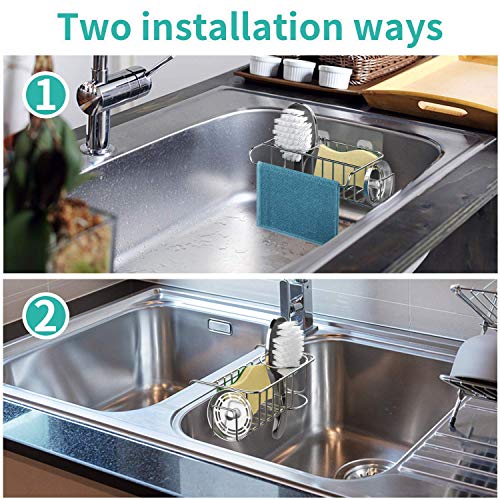 Wall Mounted And Countertop Dual Use Sink Rack With Drain Tray And Hooks Sus304 Stainless Steel Sponge Dish Brush Holder For Sink Built In 2 Adjustable Partition Grid Kitchen Sink Caddy Organizer Kitchen