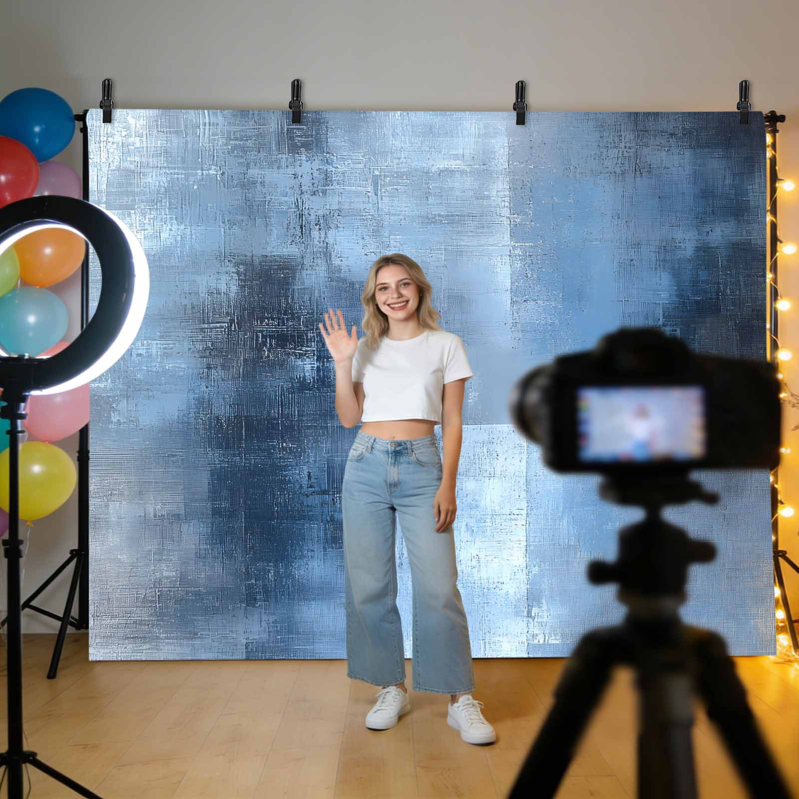 Blue Ombre Backdrop for Photography,Fabric Photo Background Backdrop,Modern Oil Painted Retro Abstract Art Photo Booth Background for Portrait Photoshoot Video Wedding Studio Decoration Banner 7x5ft