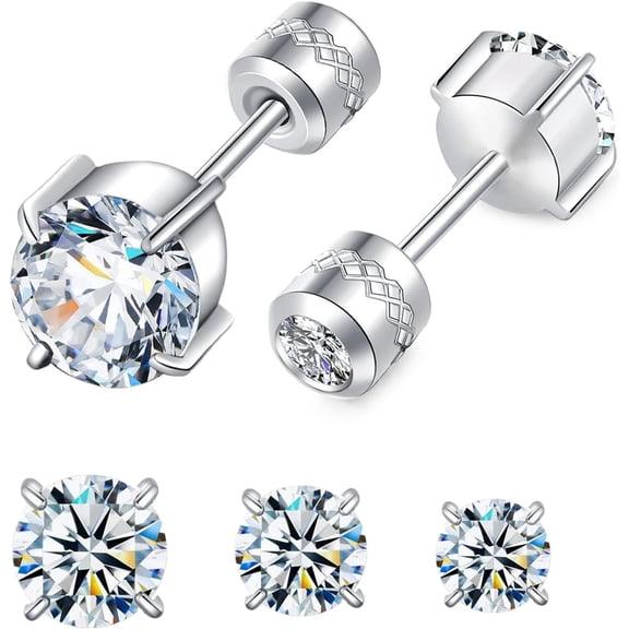 3 Pairs Hypoallergenic Titanium Earrings for Sensitive Ears,Screw Back Surgical Stainless Steel 5A Cubic Zirconia Piercing Sleeper Stud Earrings