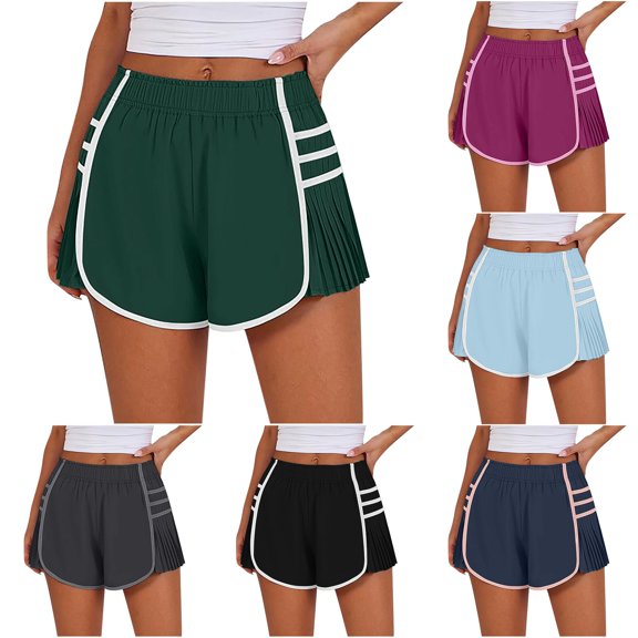 Tanghaowl Women's Shorts, Women's Running Shorts High Waisted Athletic Pleated Contrast Color Short Green XL