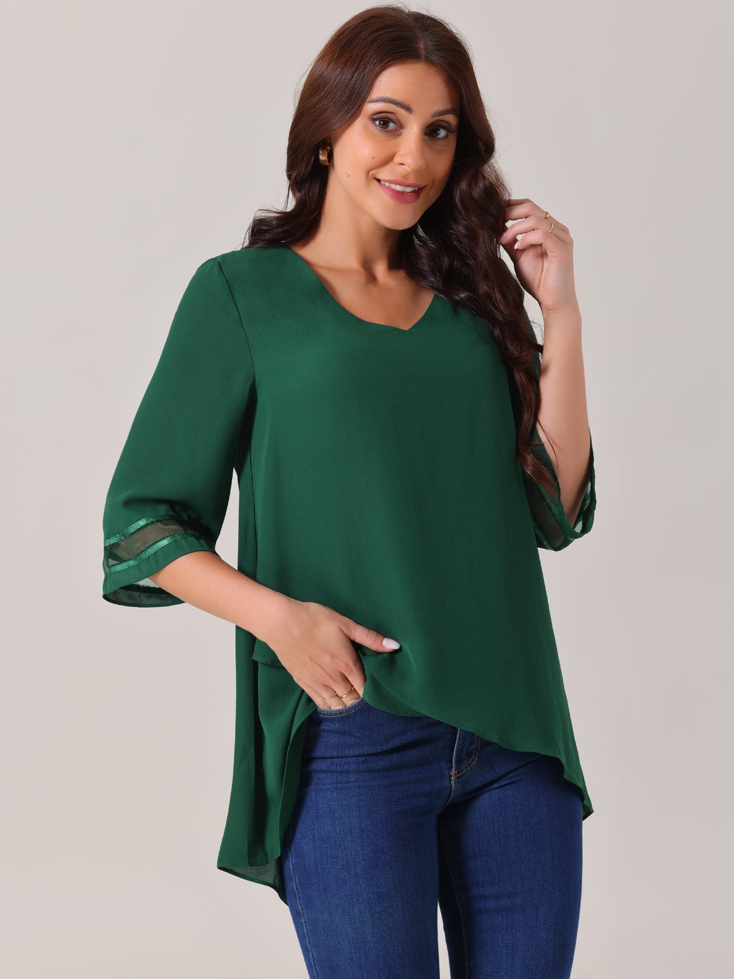 Unique Bargains Women's Chiffon V Neck 3/4 Bell Sleeve Asymmetrical Hem Blouse S Green