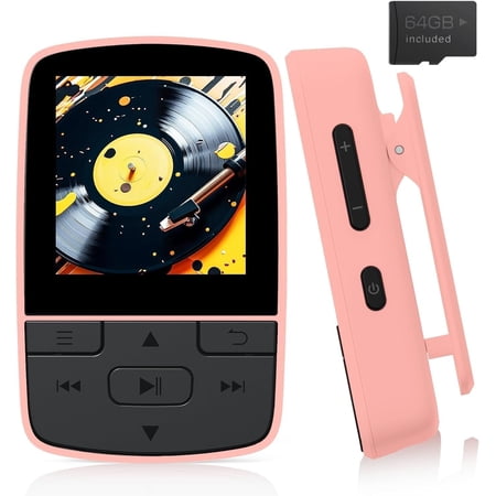 MP3 Player with 5.2, 64GB Large Storage, HiFi-Music, Mini Size, with Clip, Independent Volume Botton, FM Radio, Earphones Included ()
