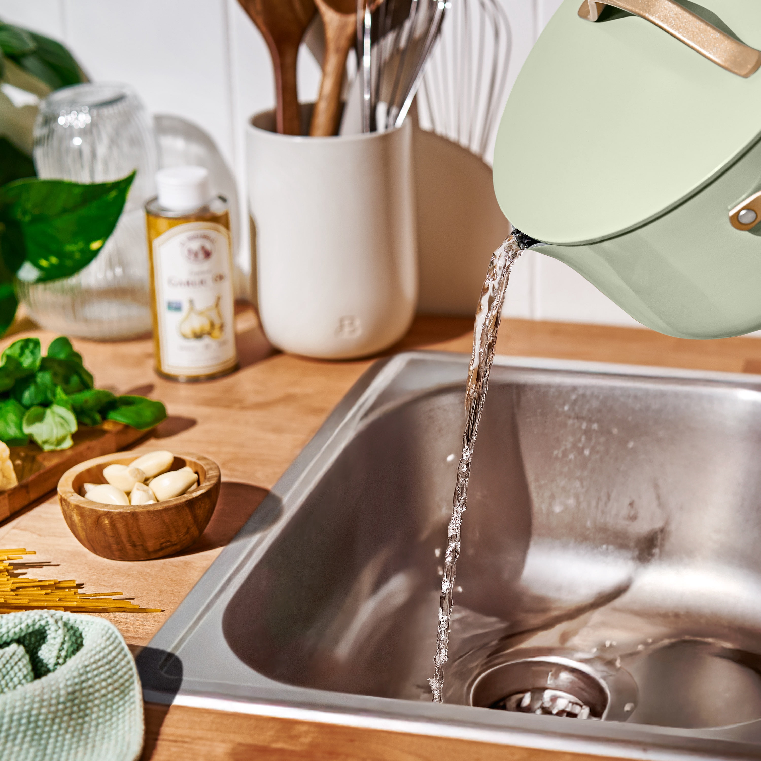 Beautiful 18-Piece Ceramic Nonstick Cookware Set, Pots & Pans with Strainer Lids & Kitchen Utensils, Sage Green by Drew Barrymore