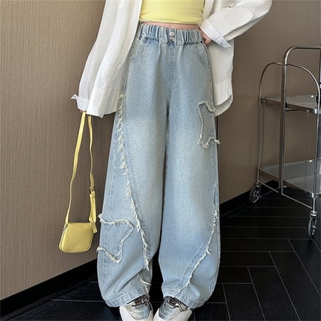 ZHOGXU Teen Girls Summer Denim Pants Elastic Waist Straight Leg Applique Design Soft Comfortable Fashion Jeans For Daily Wear Sky Blue 5-6 Years