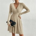 thumbnail image 4 of CharmCyan Long Sleeve V Neck Ribbed Knit Dress for Women A Line Silhouette Soft Fabric Pullover Design Casual Wear Beige L, 4 of 5