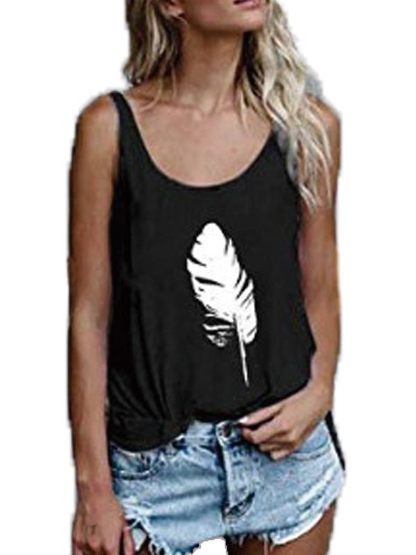 Women V Neck Solid Casual Cami Tank Tops Summer Feather Printed Sleeveless Loose Blouses Shirts 