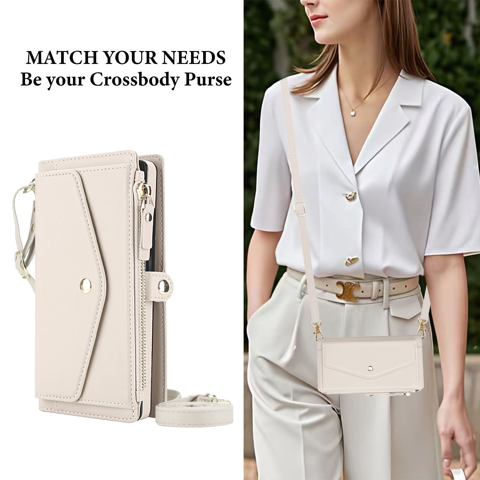 Designed for Samsung Galaxy S24 FE Multi-Function Wallet Phone Case,With Shoulder Strap&Wrist Strap,Cash Pocket&Card Slots,Zipper Purse,Magnetic Detachable PU Leather Flip Phone Case,White