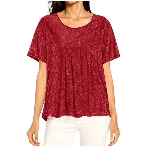 Stamzod Summer Sparkly Tops for Women Solid Color Short Sleeve Sequin Shirt Casual Loose T Shirts for Women Red XXL