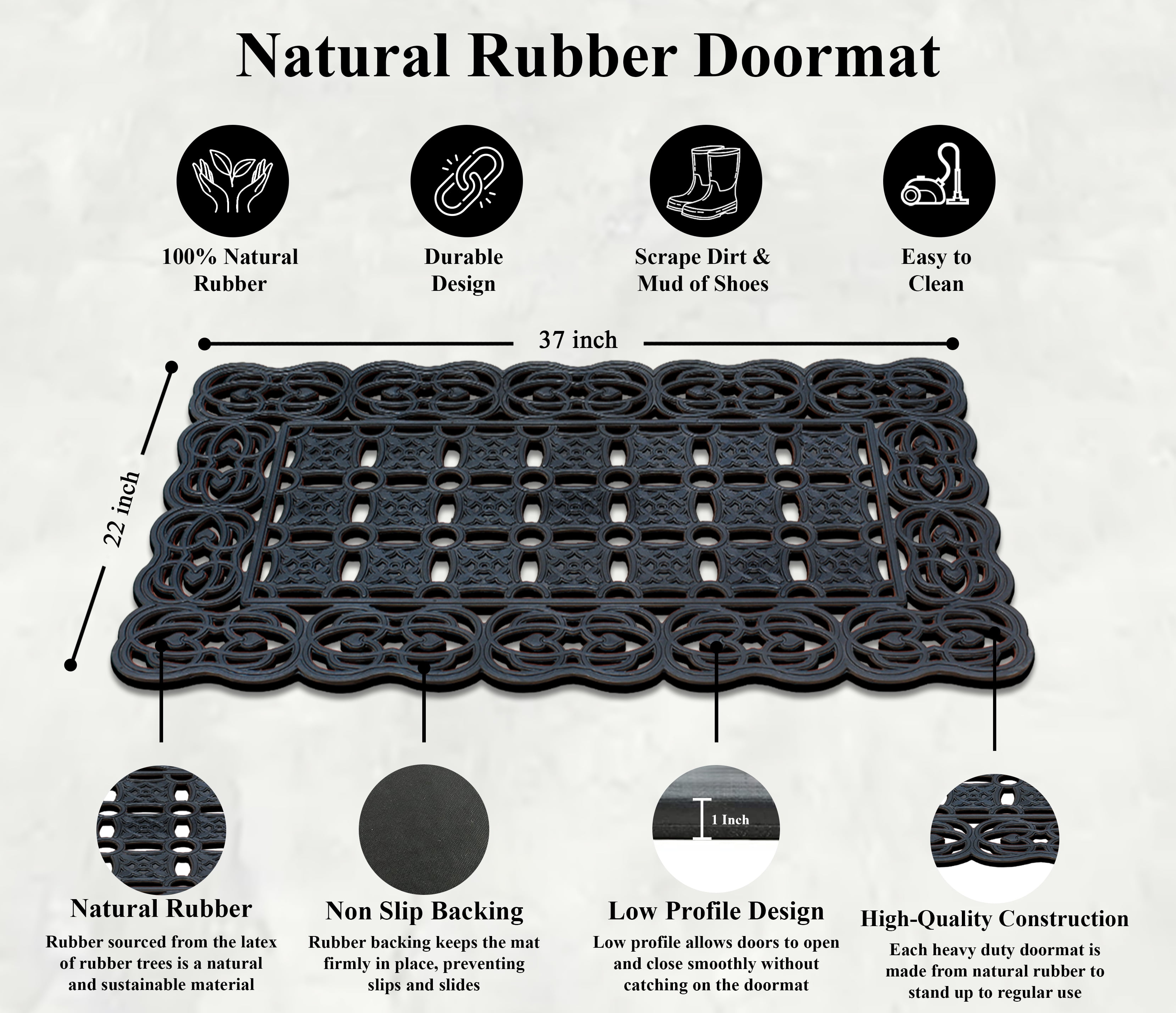A1 Home Collections Heavy Duty Indoor/Outdoor Decorative Design Durable Rubber Doormat 22"X37", Black