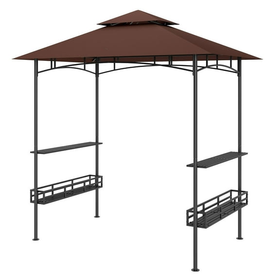 SAZYY 8x5 BBQ Grill Gazebo with 2 Side Shelves & Storage Baskets, Double Tier Outdoor Barbecue Shelter with Ceiling Hook for Patio, Dark Brown