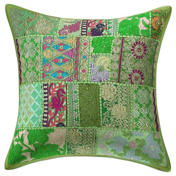 Stylo Culture Indian Cotton Home Decor Throw Pillow Sham Cover Parrot Green 18x18 Bohemian Vintage Patchwork Indian Couch Cushion Cover 45 x 45 cm Living Room Abstract Square Pillowcase | 1 Pc