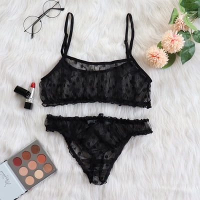 

Women Sexy Bra Solid Dot Mesh Bra Bow Knot Underpants Sleepwear