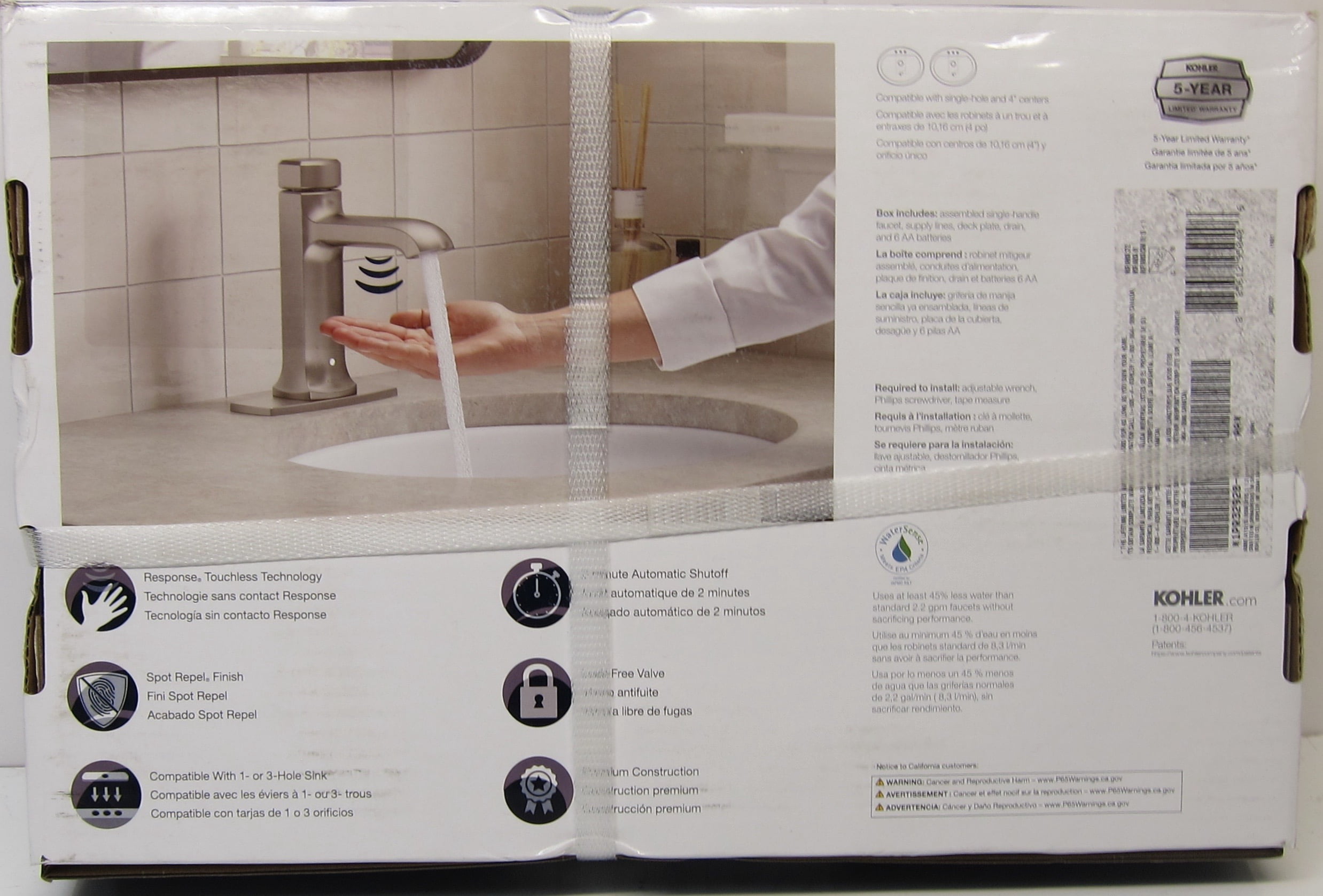 KOHLER Rubicon Battery Powered Touchless Single Hole Bathroom Faucet in Vibrant Brushed Nickel