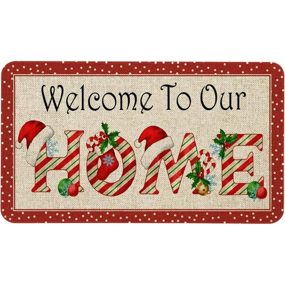 Merry Christmas Door Mat Welcome to Our Home Indoor Oudoor Mat Winter Christmas Holiday Creative Decorative Seasonal Burlap Kitchen Mat Switch Mat for Outdoor 17 x 30 in