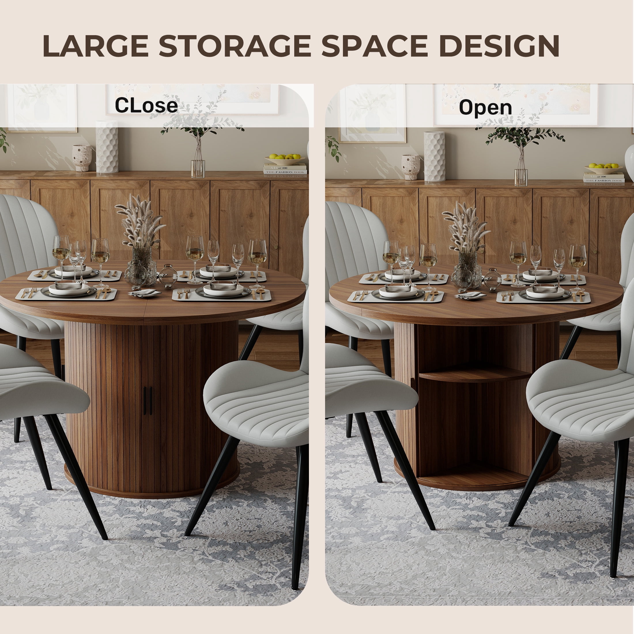 Hawsaiy 47" Round Dining Table for 4 with Sliding Door Storage Base, Waterproof Scratch-Resistant Wood Top, Modern Farmhouse Kitchen Dining Table, Walnut