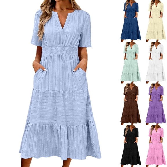 Bxsruta Women's V Neck Short Sleeve Casual Midi Dress with Pockets Fit and Flare Tiered Soft Knit Pullover Summer Dresses for Women Comfortable Lightweight Loose Fit