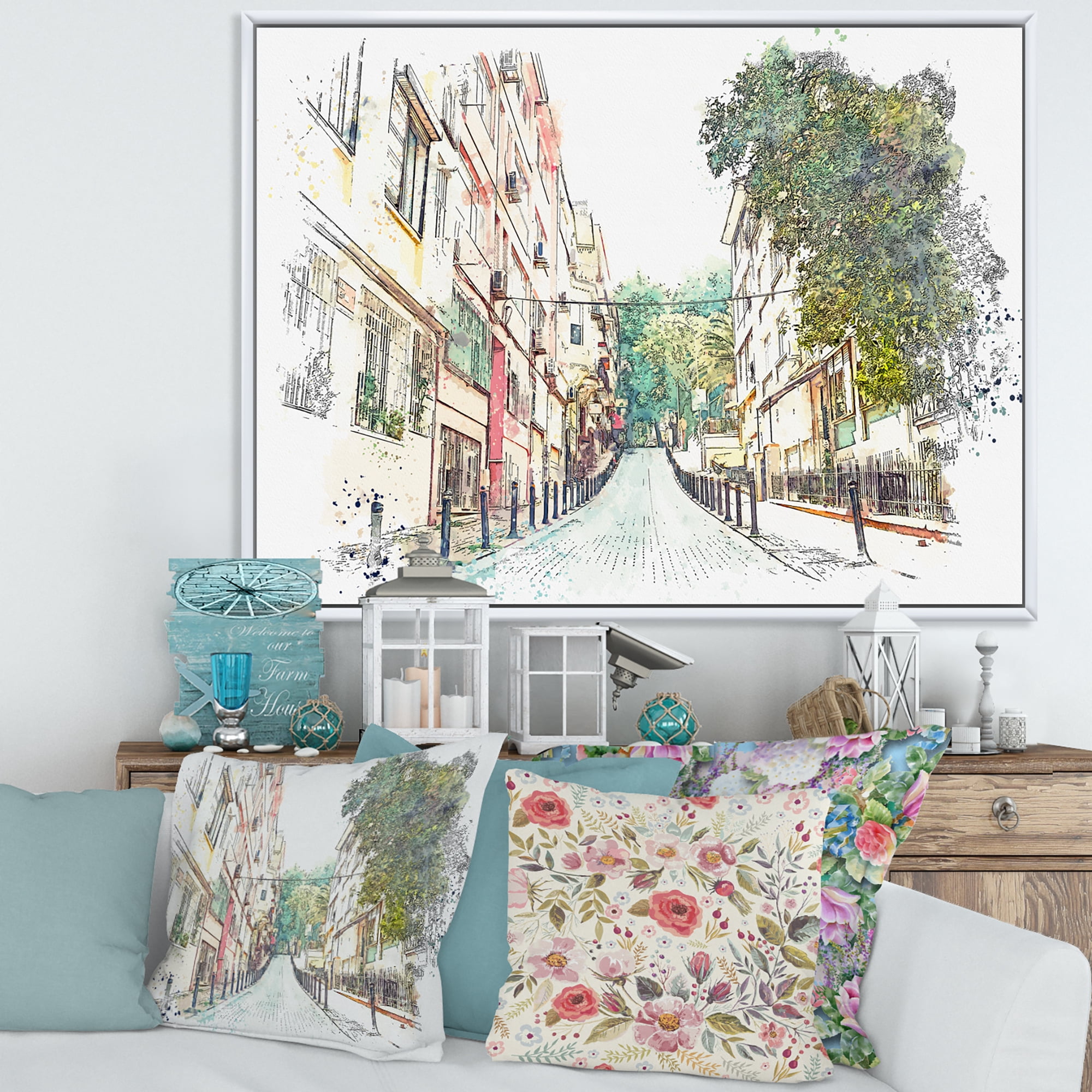 Traditional Street In City Istanbul 32 in x 16 in Framed Painting Canvas Art Print, by Designart