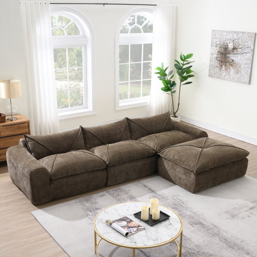 taoruifang 116'' Modular Cloud Boneless Sofa with Ottoman Chenille Brown