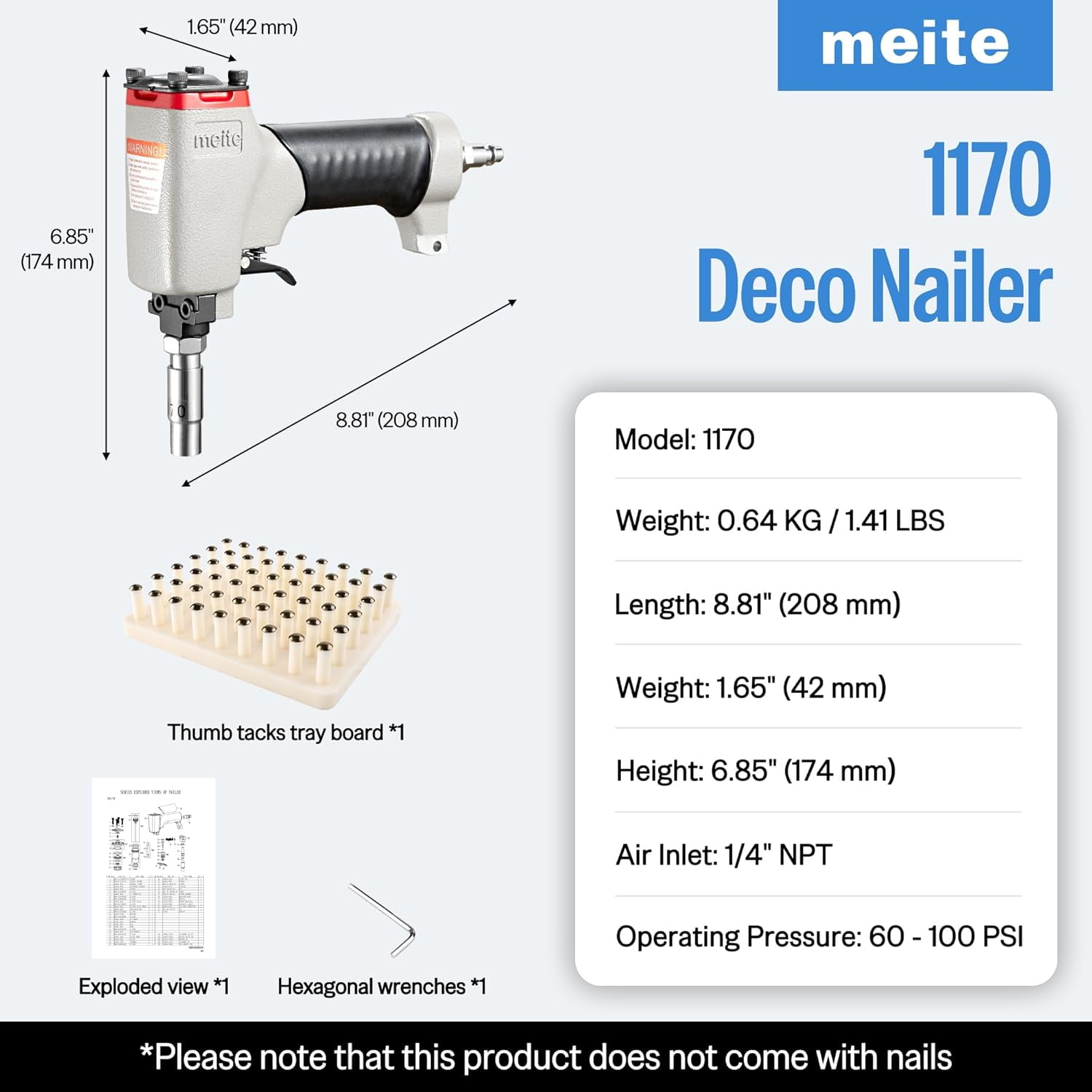 MEITE 1170 Pneumatic Upholstery Decorative Tack Nail Gun Air Decorative Tack Nailer, 29/64" Diameter