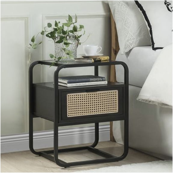 Colson Black Accent Table with Drawer and Rattan Shelf, Metal and Glass End Table for Living Room