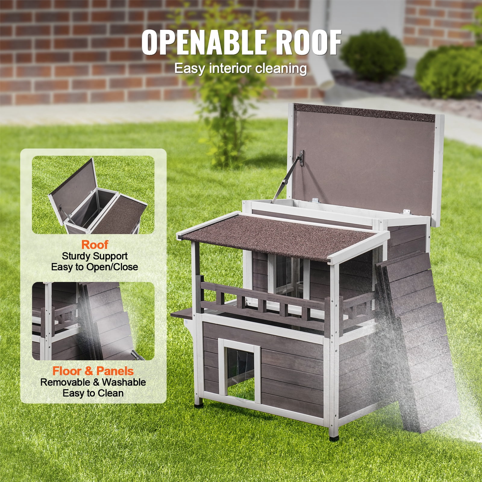 KFFKFF Cat Wooden Shelter 30"L x 30"W x 32"H, Weather-Resistant Outdoor Cat Home, Dual-Level Spacious Outdoor Timber Feline Residence with Terrace, PVC Entry Covers, Detachable Top