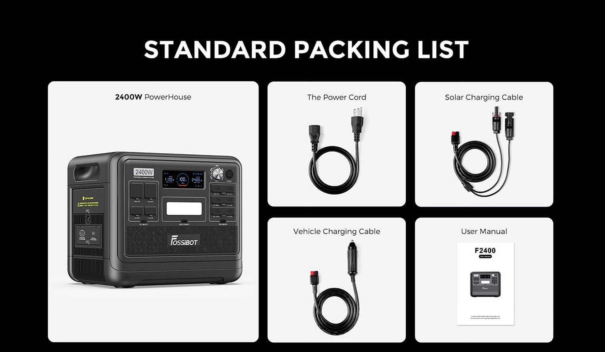 FOSSiBOT F2400 Portable Power Station, 2048Wh LiFePO4 Battery 2400W Output Solar Generator, 16 Output Ports - Black