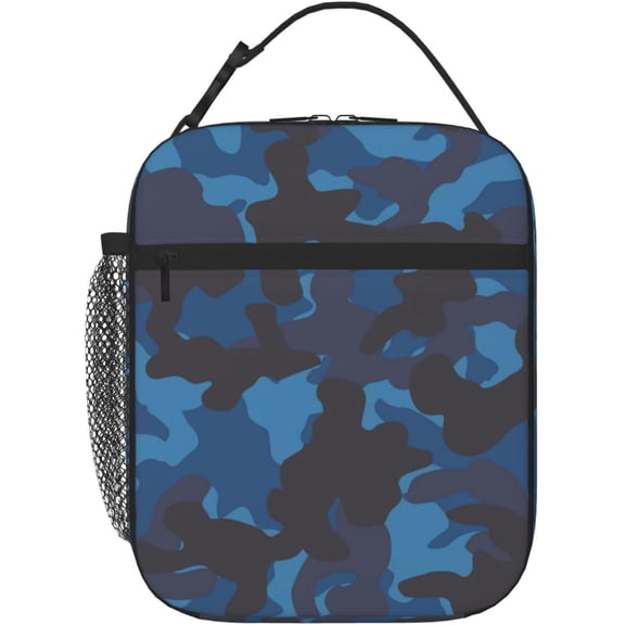 Blue Black Camouflage Lunch Bag for Women Men Reusable Insulated Lunch Box Portable Leakproof Thermal Lunch Tote Bags Lightweight Lunchbox with Side Pocket for Adult Office Work Picnic Hiking