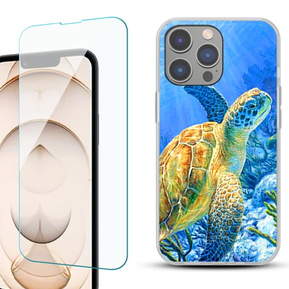 OneToughShield ® for iPhone 15 Pro Max Shockproof Fashion Phone Case, with Tempered Glass Screen Protector - Sea Turtle