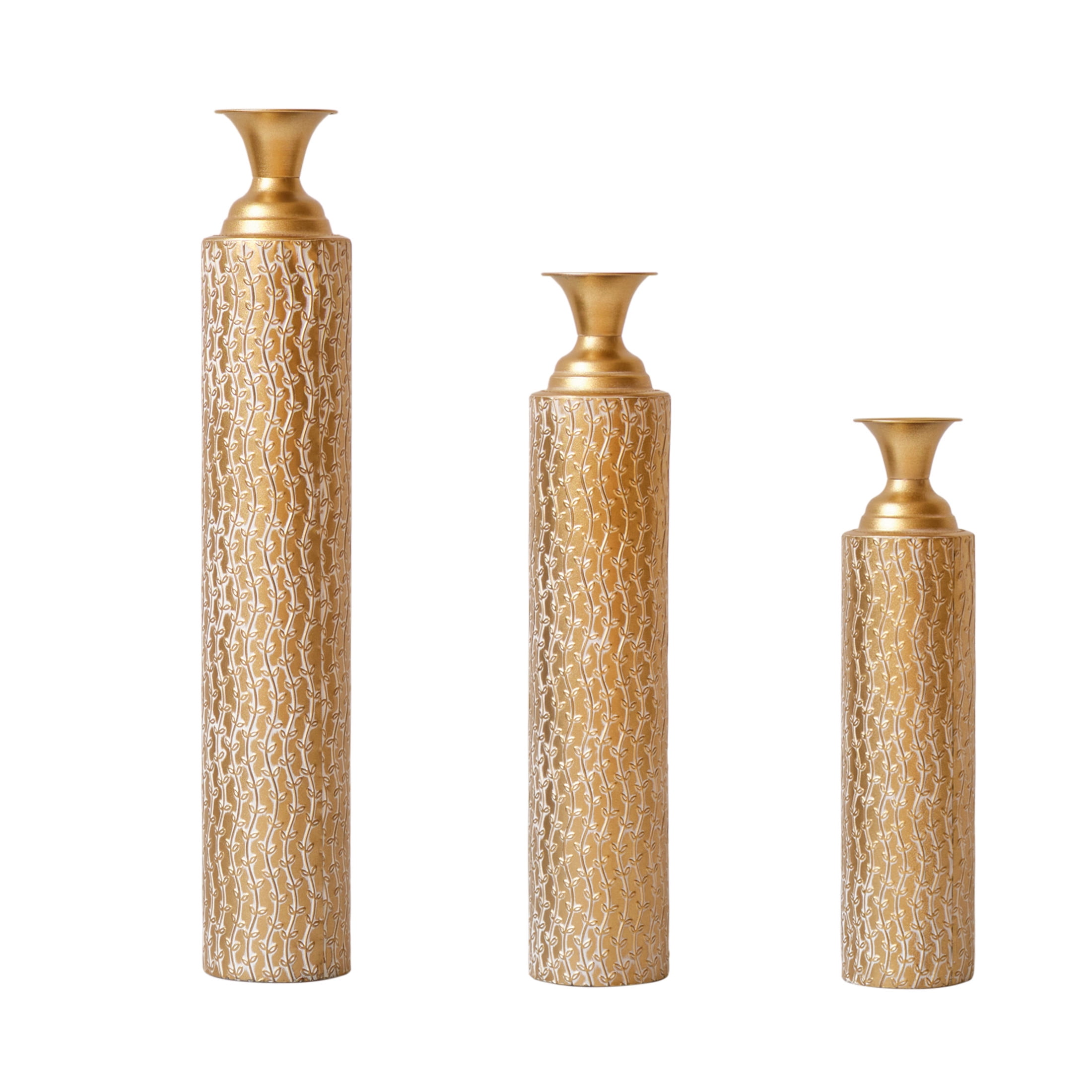 Noble House 3-Piece 33.86", 29.53", 24.8" Metal Floor Vases, Distressed Vine Pattern, Antique Gold