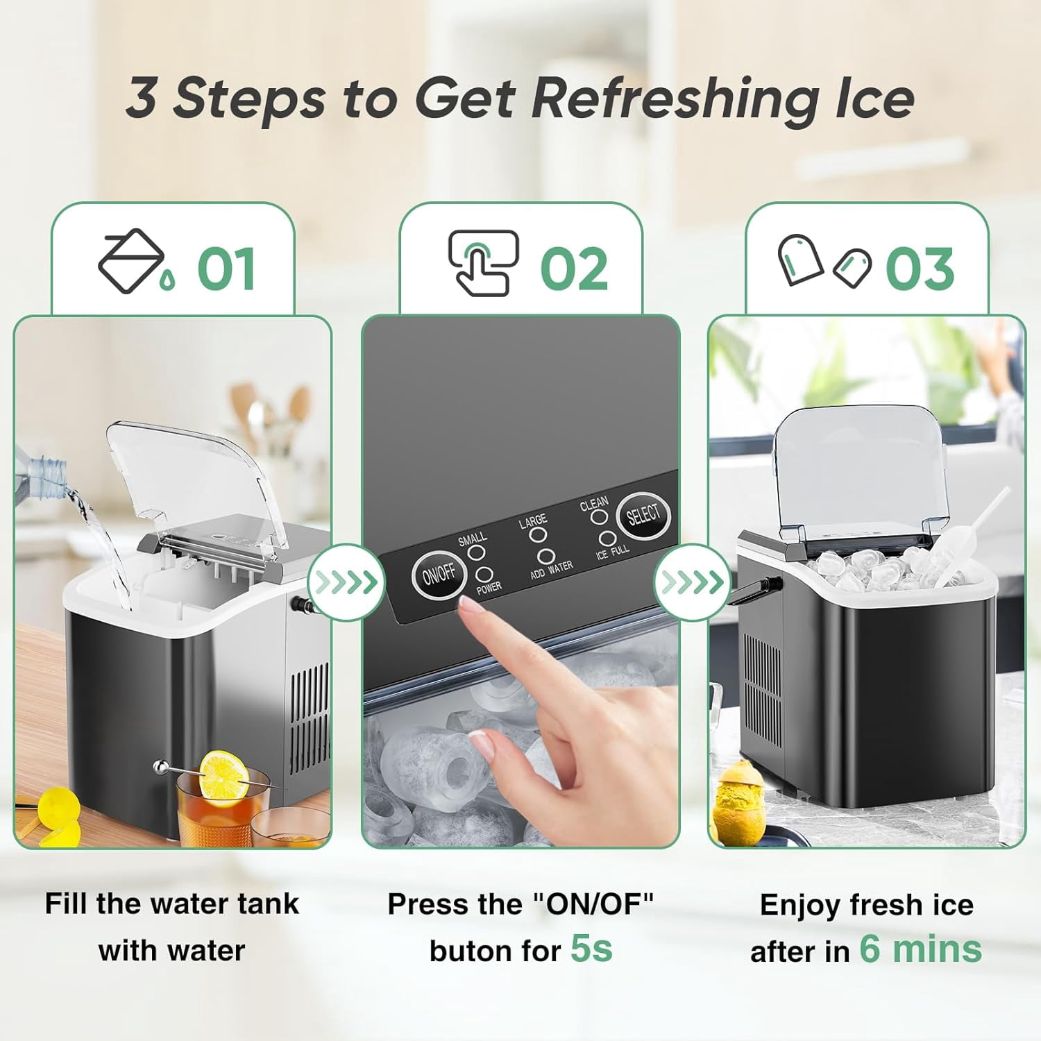 Portable Countertop Ice Maker, 26lbs/24H, 9 Bullet Cubes in 6 Mins, Self-Cleaning, Quiet Compact for Home, Kitchen, RV, Camping, Black