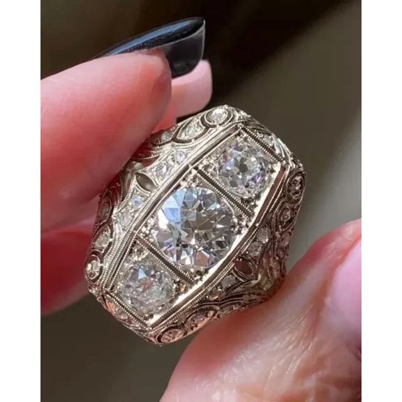 Art Deco Round 2.3Ct Lab Created Diamond Three-Stone 14K White Gold Plated Ring