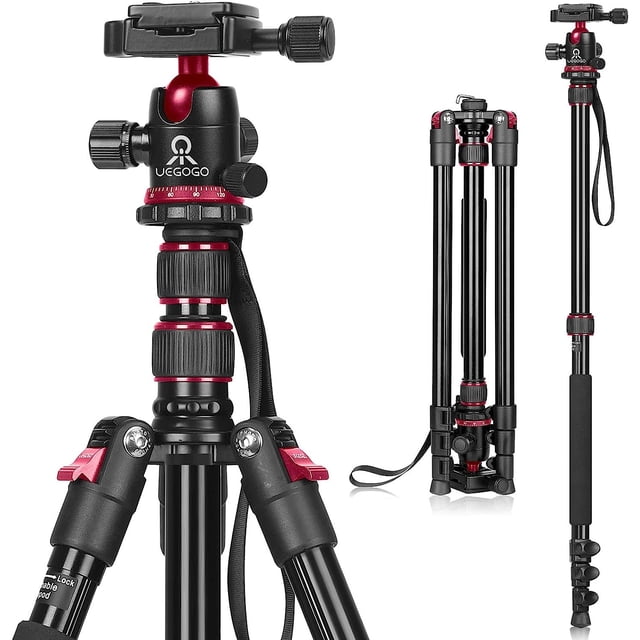 Tignapoo C11 Trépied/monopode Professionnel 2-en-1 pour Appareils Photo Reflex Numériques et Sans Miroir, Hauteur Réglable 196 cm, Rotule 360°, Alliage d'Aluminium Léger, Noir/rouge, Comprend Sac de Transport et Accessoires
