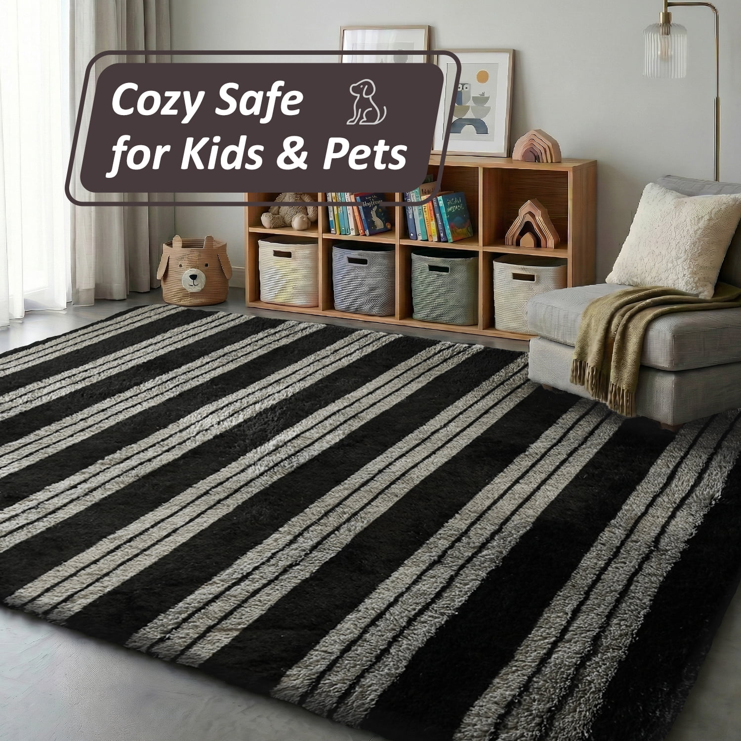 Pentantan 8ft x 10ft Shag Area Rugs for Living Room, Modern Stripe Fluffy Bedroom Carpet, Black & Gray