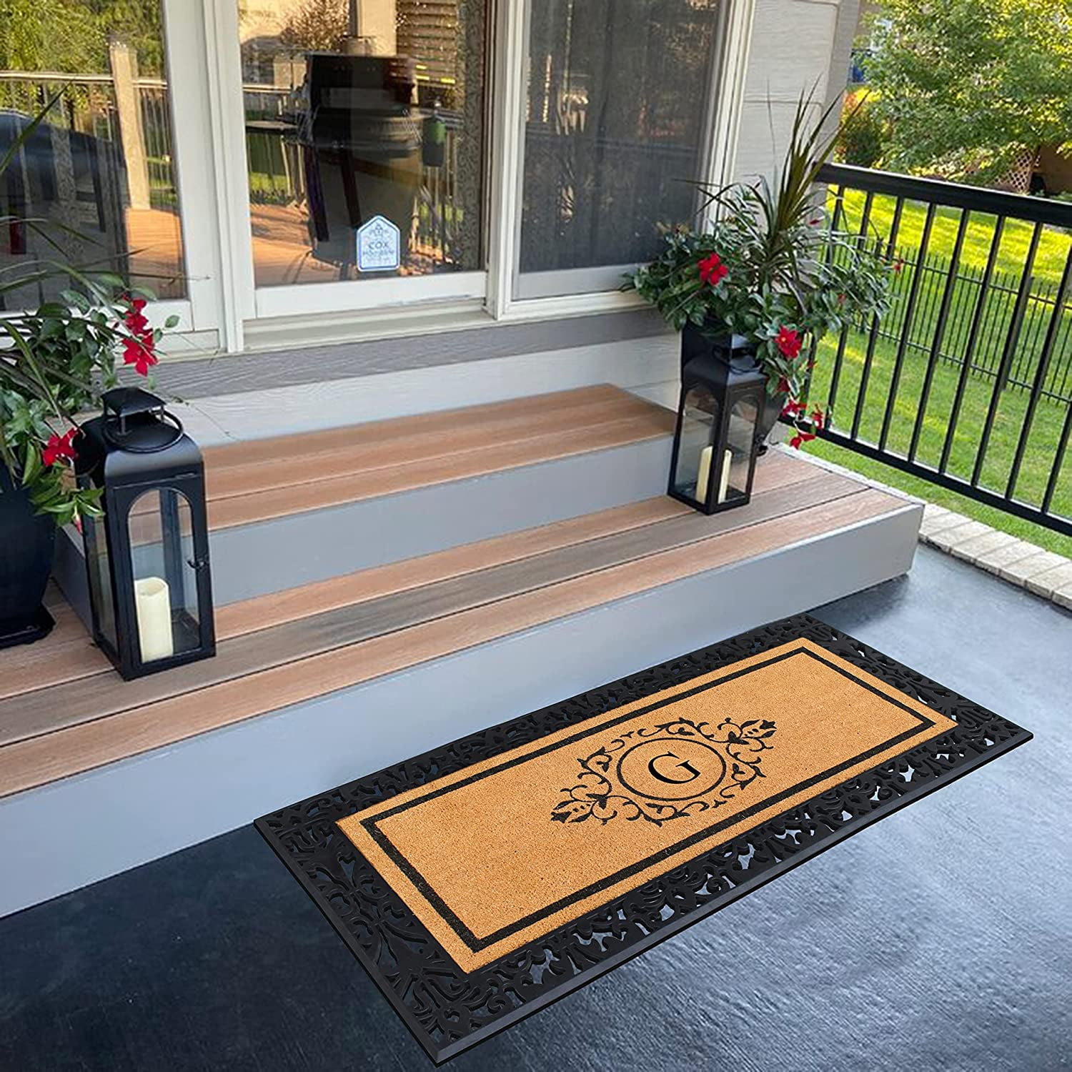 A1HC Natural Coir and Rubber Black Paisley Hand-Flocked Monogrammed Doormat, 30"x60", Durable Low Profile Heavy Duty Outdoor Front Door Mat